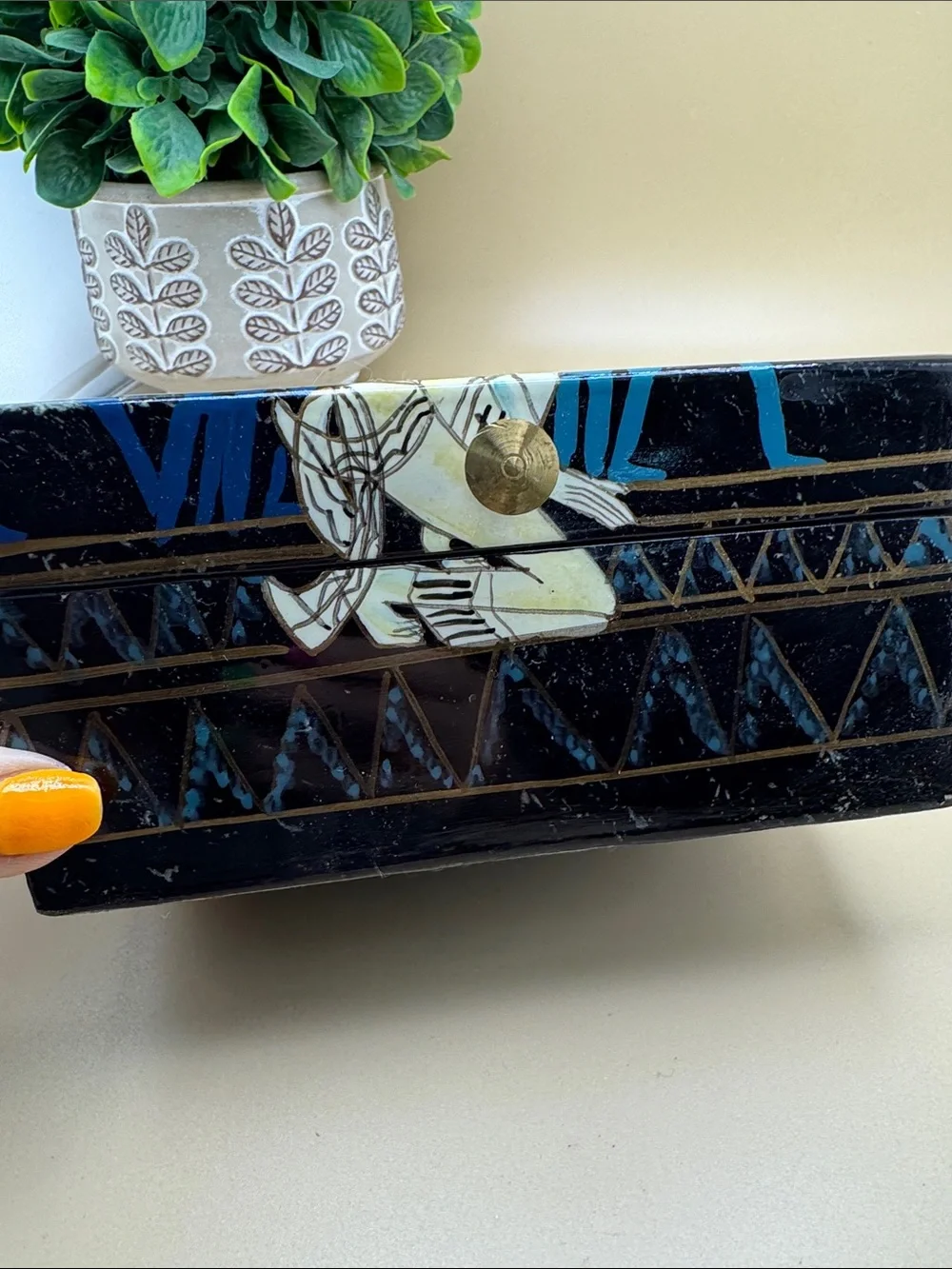 Vintage Hand Painted Wooden Jewelry Box Blue Black Asian Art Trinket Box